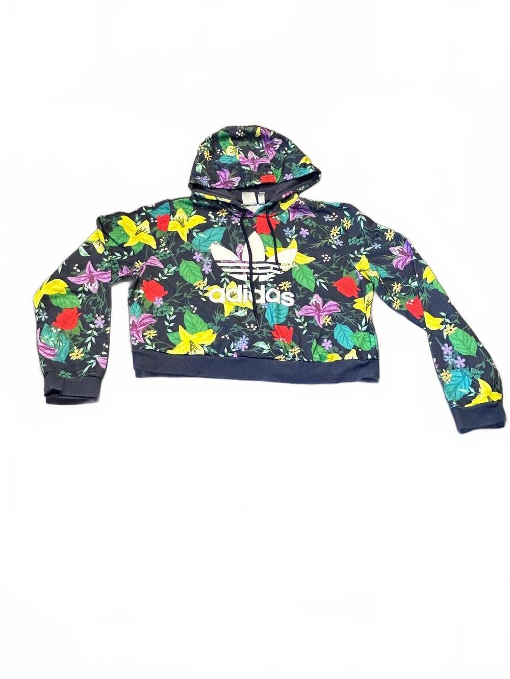 Adidas Floral Print Cropped Hoodie Sweatshirt Size Large